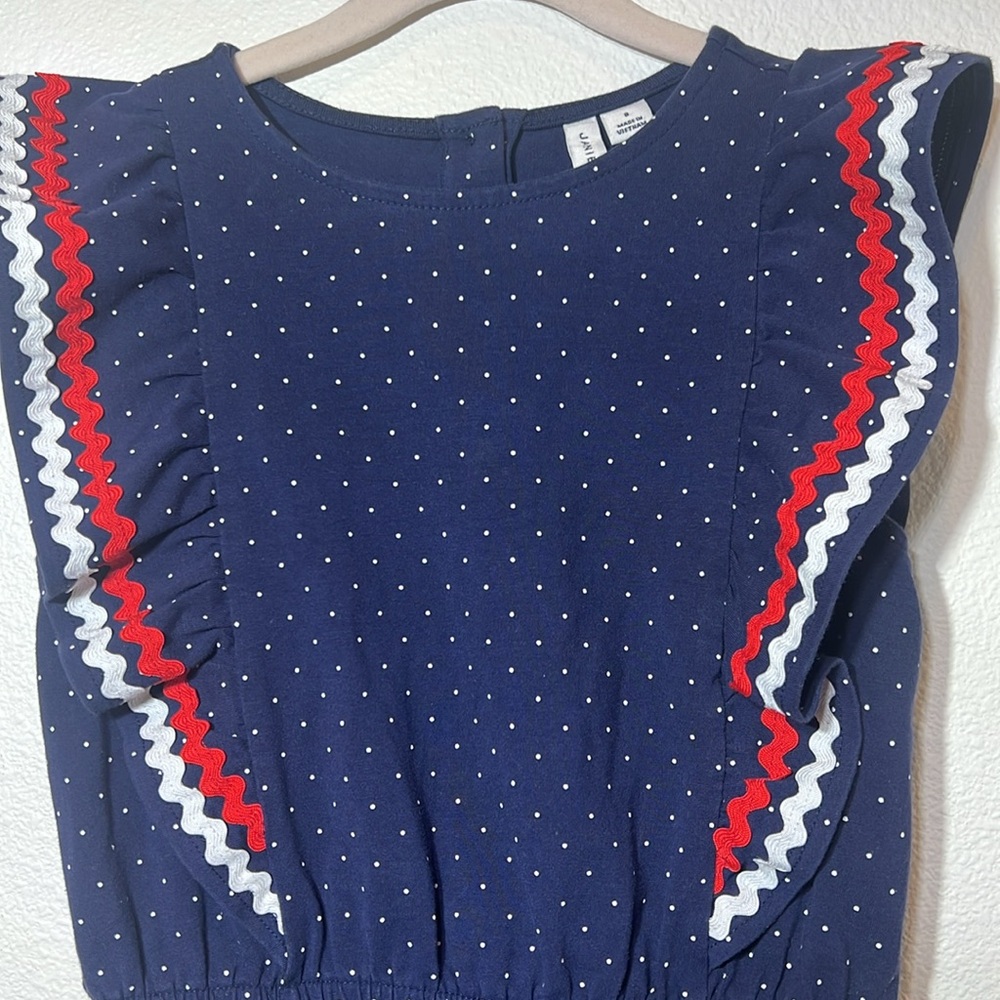 Janie and Jack Navy Blue Polka Dot Dress with Red & White Trim - Picture 3 of 5
